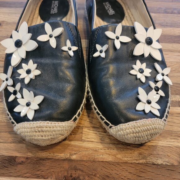 Michael Kors Lola Leather Floral Slip On Espadrille Flats, Black/White & Jute - Picture 3 of 14